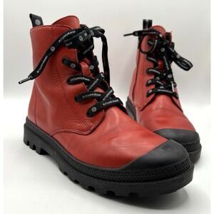 ERIC MICHAEL Boots Women's Size 39 US 8.5 Red Leather Zip Lace Lace Up‎ Closure